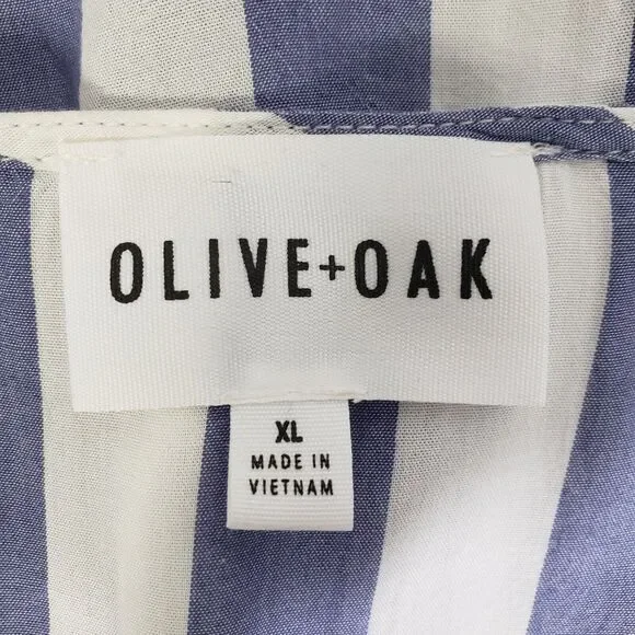 Olive + Oak Womens Blouse Size XL Blue White Striped Button Up Tie Elastic Waist - Picture 8 of 10